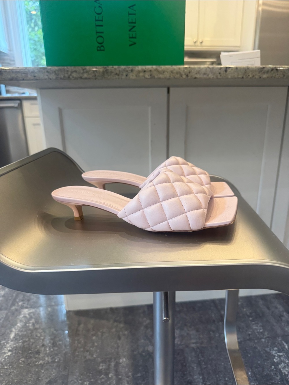 Bottega Veneta Quilted Light Pink Leather Kitten Heel Mule